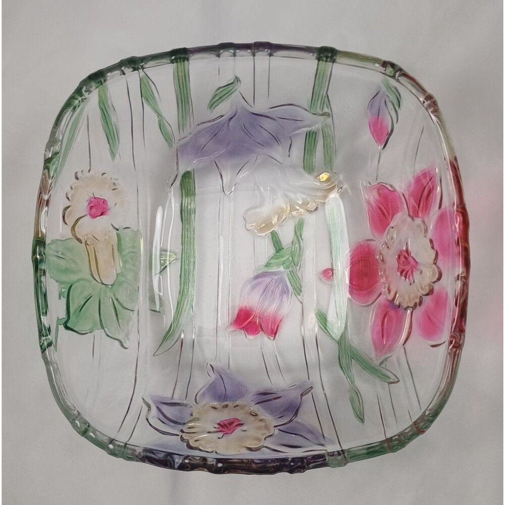 VTG 80s Crystal Clear Studios 10” Narcissus Square Serving Bowl Floral Japan